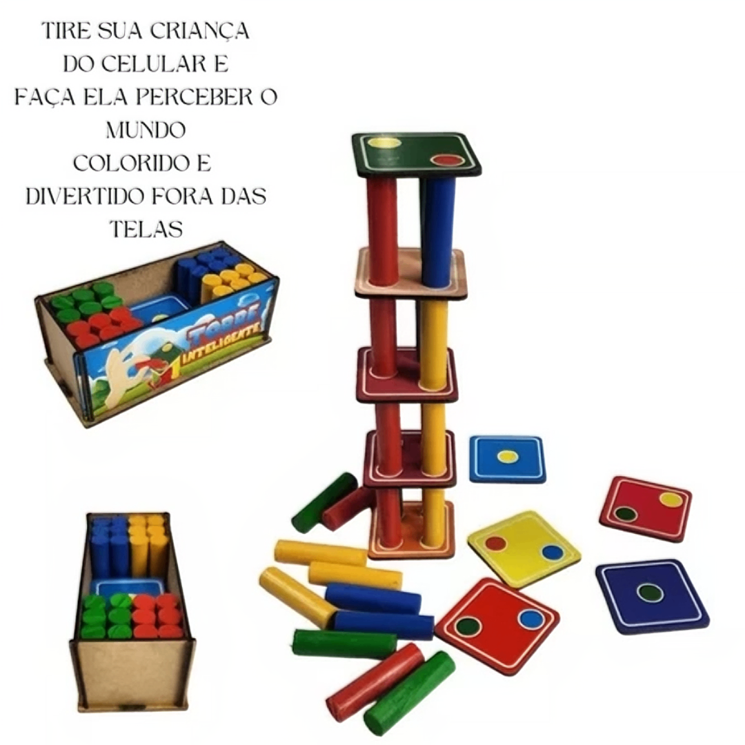 TorreSmart™ – Torre Educativa de Madeira 32 Peças (Brinquedo Pedagógico)