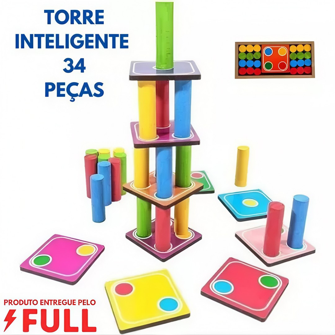 TorreSmart™ – Torre Educativa de Madeira 32 Peças (Brinquedo Pedagógico)