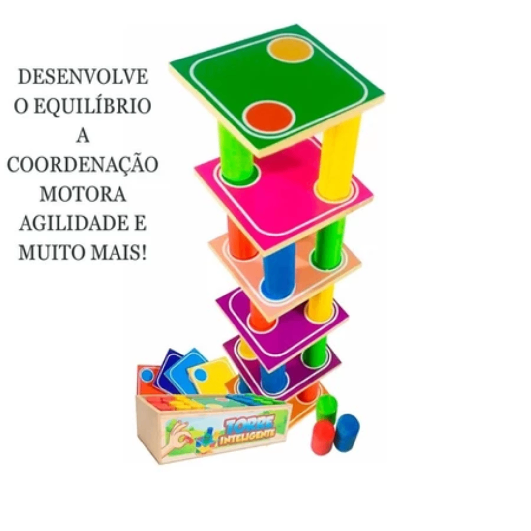 TorreSmart™ – Torre Educativa de Madeira 32 Peças (Brinquedo Pedagógico)