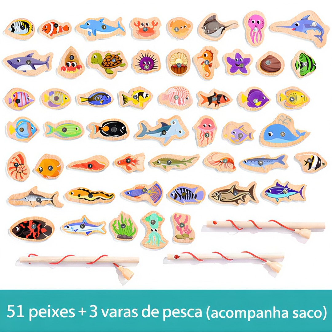 MagniFishing Play™ – Jogo de Pescaria Magnética Montessori em Madeira (Até 54 Peças)